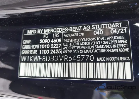 2021 Mercedes-Benz C 300 Sedan from USA, damaged, VIN W1KWF8DB3MR645770